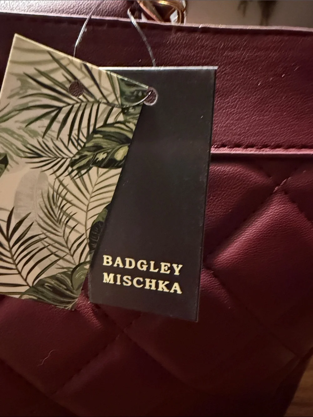 Badgley Mischka Quilted Satchel - Burgundy with Gold Hardware